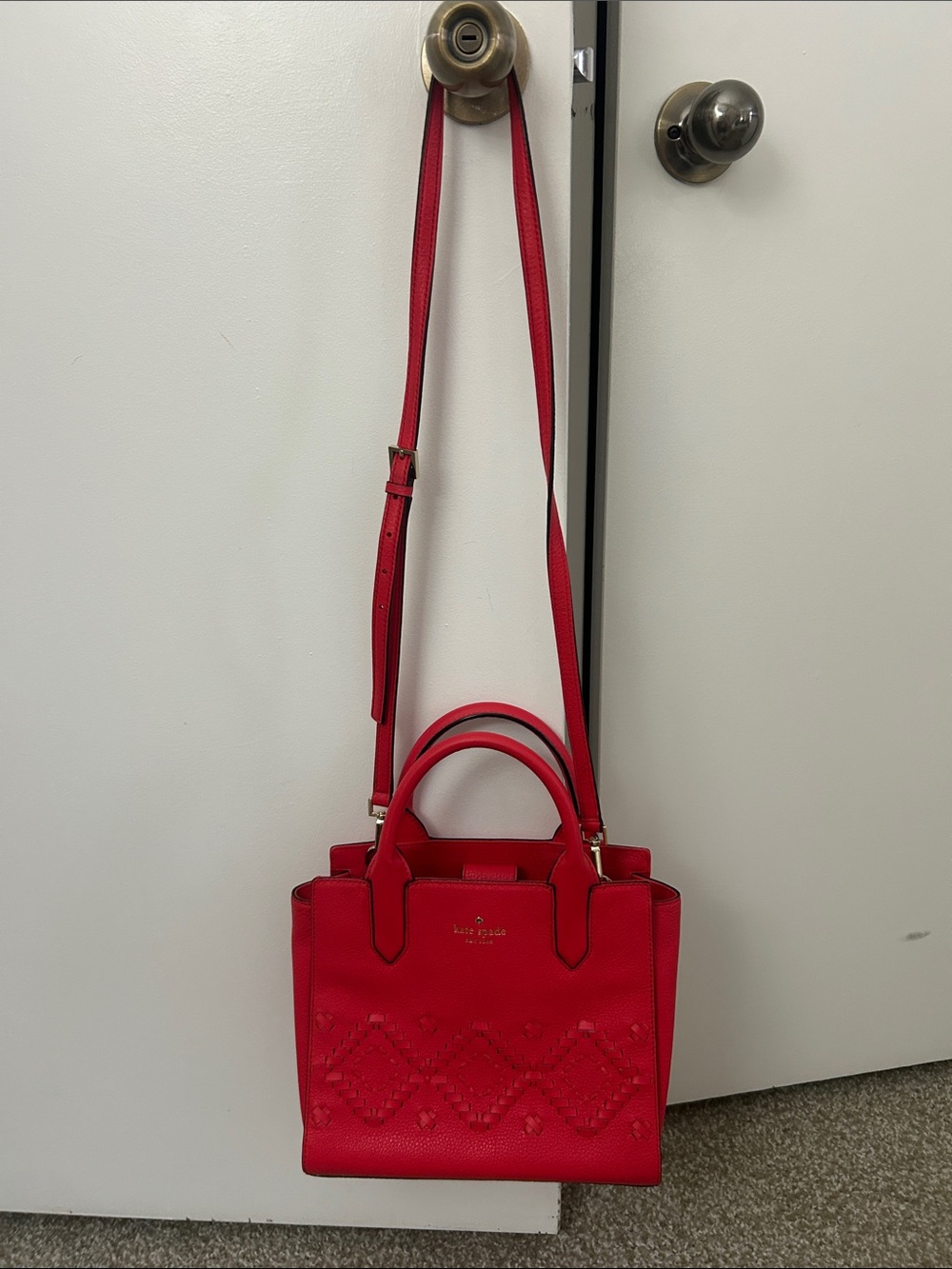 kate spade Red Leather Satchel with Woven Diamond Detail - Picture 6 of 6